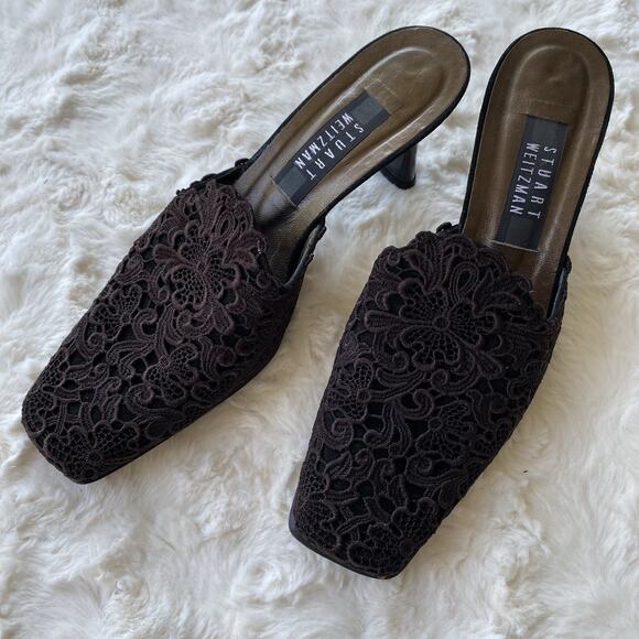 Stuart Weitzman Square Toe Kitten Heel Size 7.5 Vintage Brown Lace Mule Heels - Picture 1 of 10